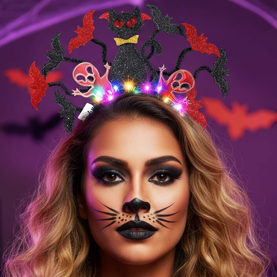 Zoestar Light Up Halloween Headband LED Black Cat Headbands Bat Ghost Hair Hoop Festival Costume Hair Accessories for Women - Image 4