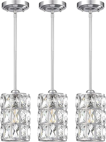 Paquete de 3 lámparas colgantes de isla de cocina de 5 pulgadas, lámpara colgante moderna con acabado de níquel cepillado con pantalla de cristal