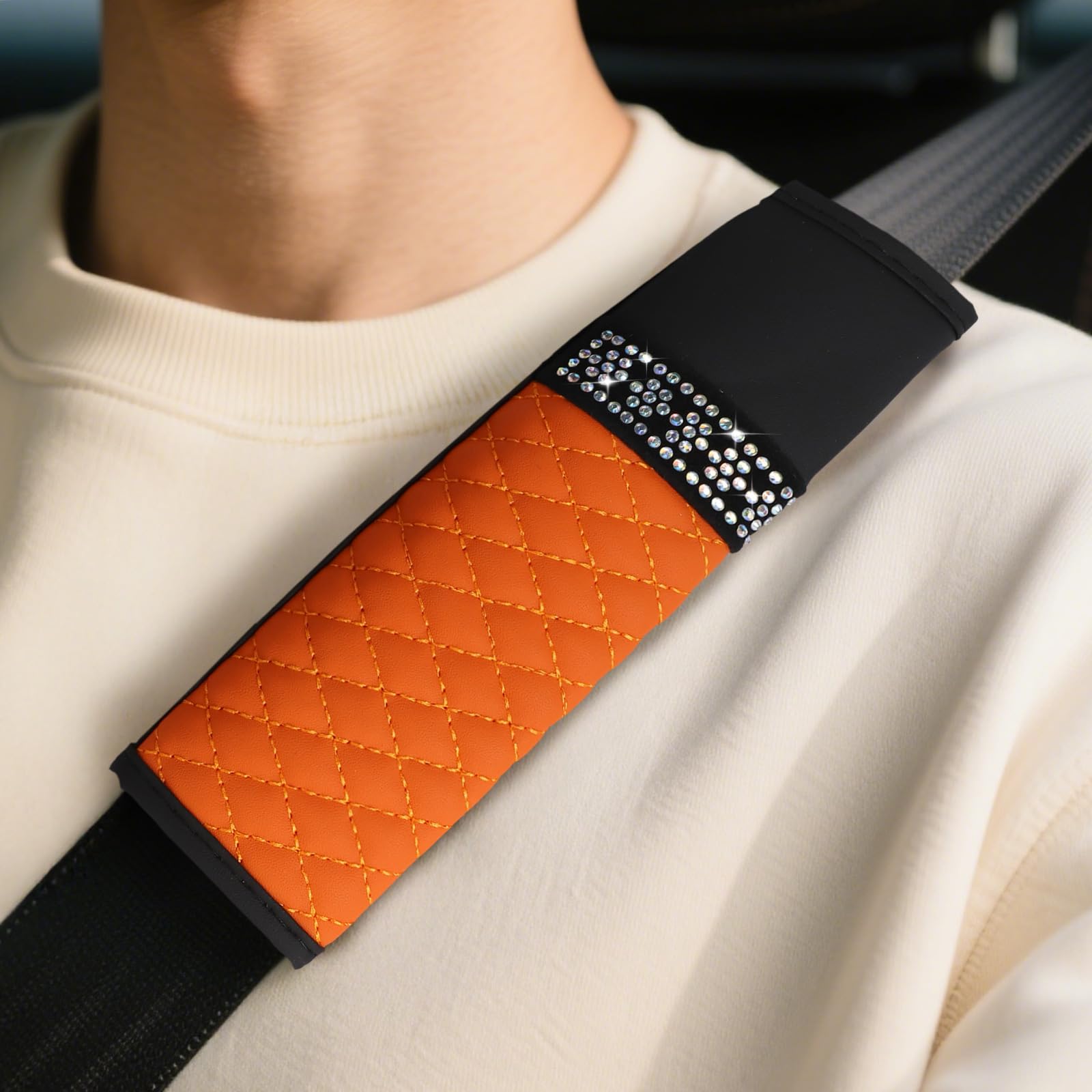 wuyaoyao 2PCS Bling Car Seat Belt Cover Pad, Breathable Leather Seatbelt Covers for Cars, Soft Comfortable Seatbelt Shoulder Strap Covers, Rhinestone