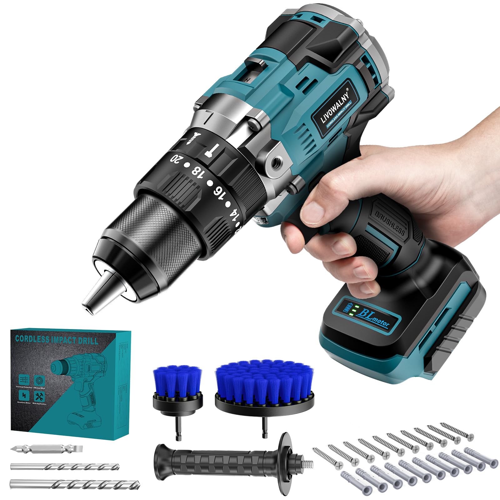 LIVOWALNY 90Nm Taladro Percutor a Bateria, Atornillador Electrico Compatible con Makita 18V, Caja de Cambios de 2 Velocidades y 21 Niveles de par, Para Reformas（Solo Herramientas）-Azul Marino