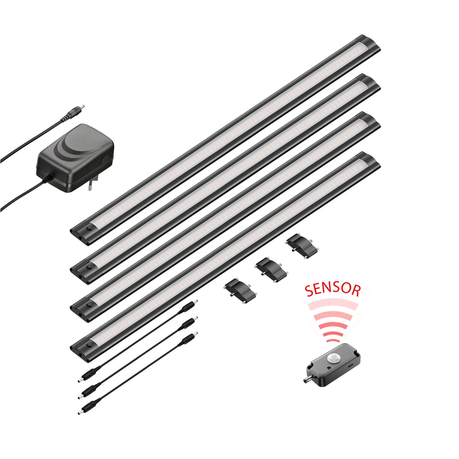 ledscom.de Juego de 4 luminarias LED para debajo del armario SIRIS negro mate con detector de movimiento, planas, cada una de 50cm, cada una de 531lm, blanco cálido