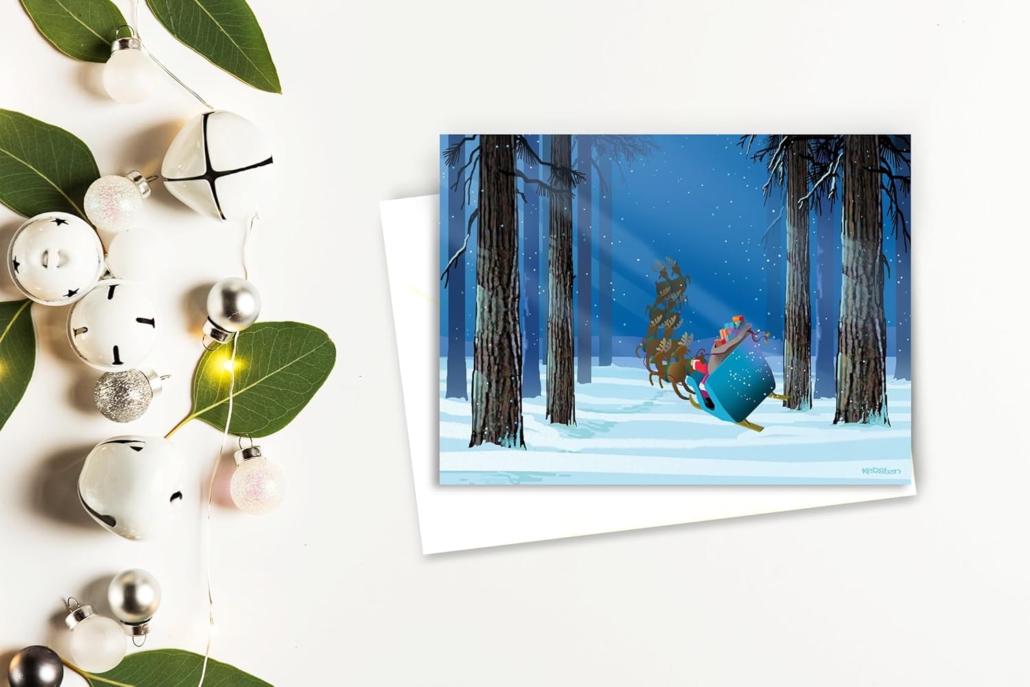 Stonehouse Collection | Custom Santa Flying Through the Forest Holiday Cards | 24 Personalized Christmas Cards & Envelopes | USA Made | (Personalization)