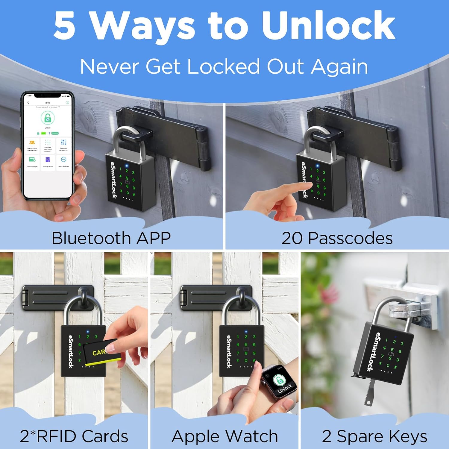 Heavy Duty Smart Padlock,Outdoor Combination Padlock with Key Code RFID | IP67 Waterproof Padlock Anti-Cut Shackle Gate Lock Outdoor Digital Lock for Gate Shed Garage Fence Storage Unit Locker