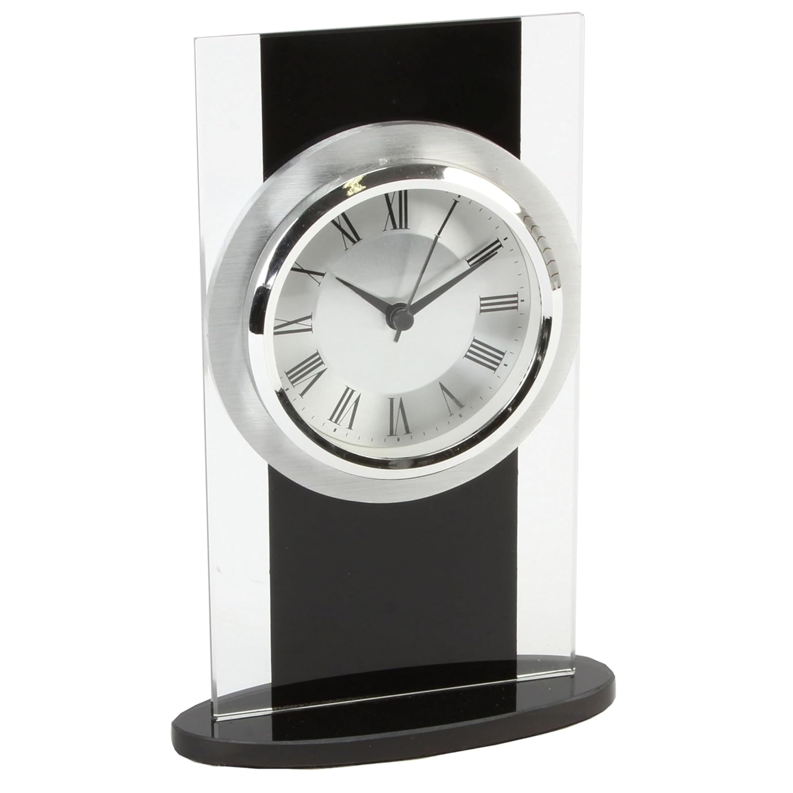 Glass Black Modern Mantel Clock – Non Ticking Quartz Table Clock, Battery Powered – Elegant Small & Large Mantel Clocks for Living Room, Bedroom, Kitchen & Mantlepiece Décor