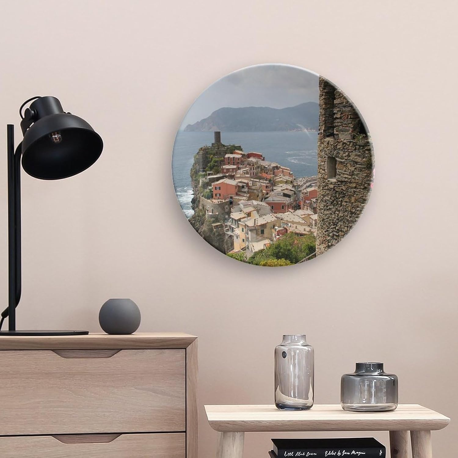 10" Decorative Plate Sea Rocks Travels Italy Sicily Round Ceramic Plate with Display Stand Modern Porcelain Table Plate Wall Hanging Decoration for Home Office Collectible Art Souvenir