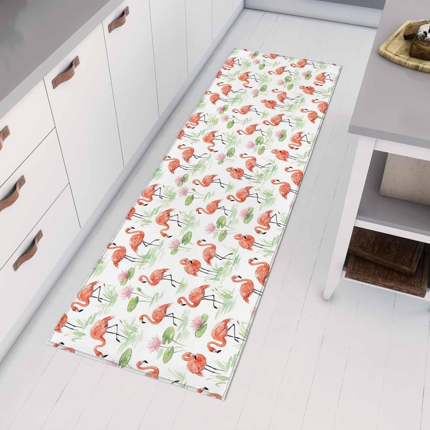 Teamery Kitchen Mats for Floor Summer Pink Flamingos Lotus Washable Non Slip Kitchen Rugs 1PCS, Tropical Animal Plant Absorbent Standing Mats for Sink Bathroom Office Living Room 15.7x47.2in