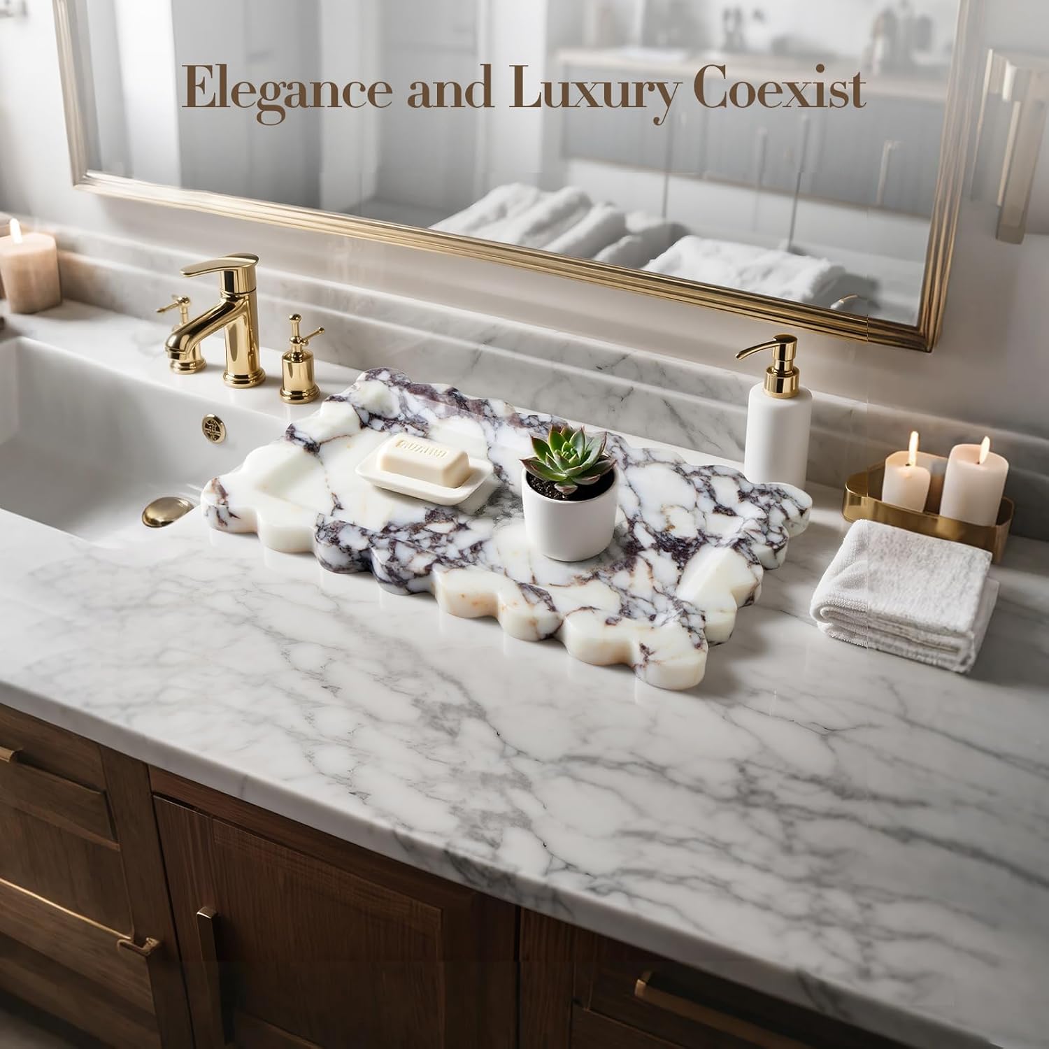 Calacatta Viola Natural Marble Tray, Scalloped Bathroom Tray, Luxury Decorative Trays for Bathroom, Vanity, Dresser, Kitchen & Home Decor, Valentine's Day House Warming Gifts New Home(Rectangle) - Image 2