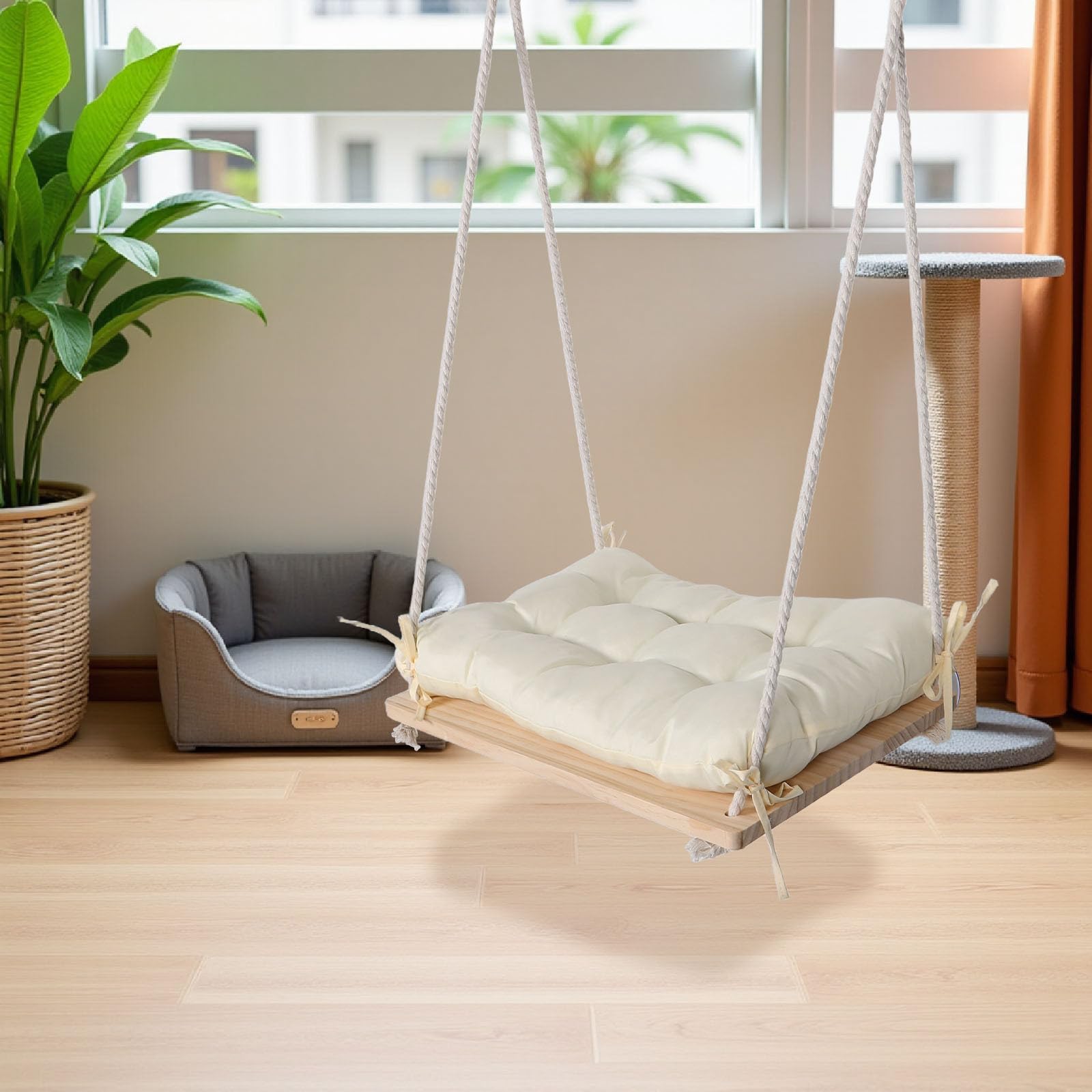 Amaca Sospesa per Gatti in Legno con Ventose, Lettino da Finestra con Tessuto Resistente, Installazione Salvaspazio e Altezza Regolabile per Uso Domestico e Balcone