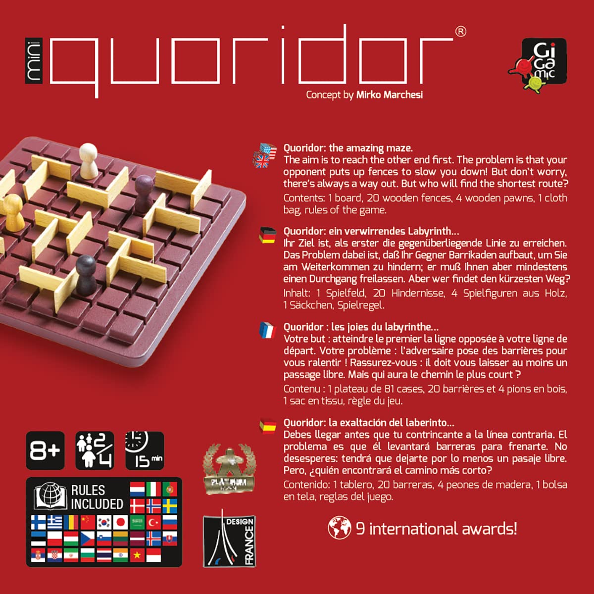 Gigamic, Quoridor Mini, Family Game, Wooden Game, 2-4 Players, from 8+ Years, 15 Minutes, German, Multilingual