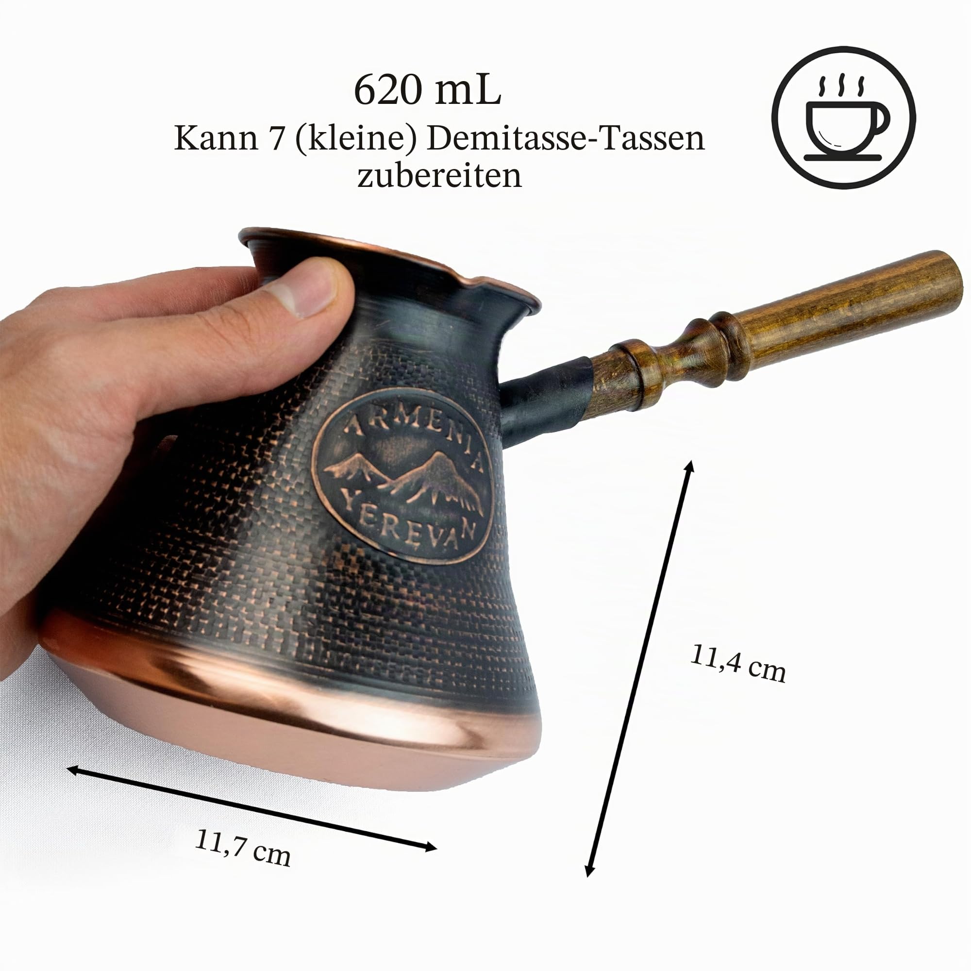 Handgefertigte armenische Kaffeekanne, 600 ml, Kupfer, Jazva Ararat, Türkisch, Arabisch, Griechisch, Cezve Jezve, Ibrik, Türka, Jazve Maker, Holzgriff, 7 Tassen