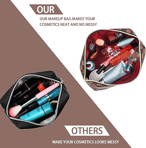 Miniatura 6 de Bolsa de maquillaje, bolsa de cosméticos, bolsa de maquillaje portátil de cuero grande a cuadros, paquete de 2 bolsas de cosméticos de viaje de gran