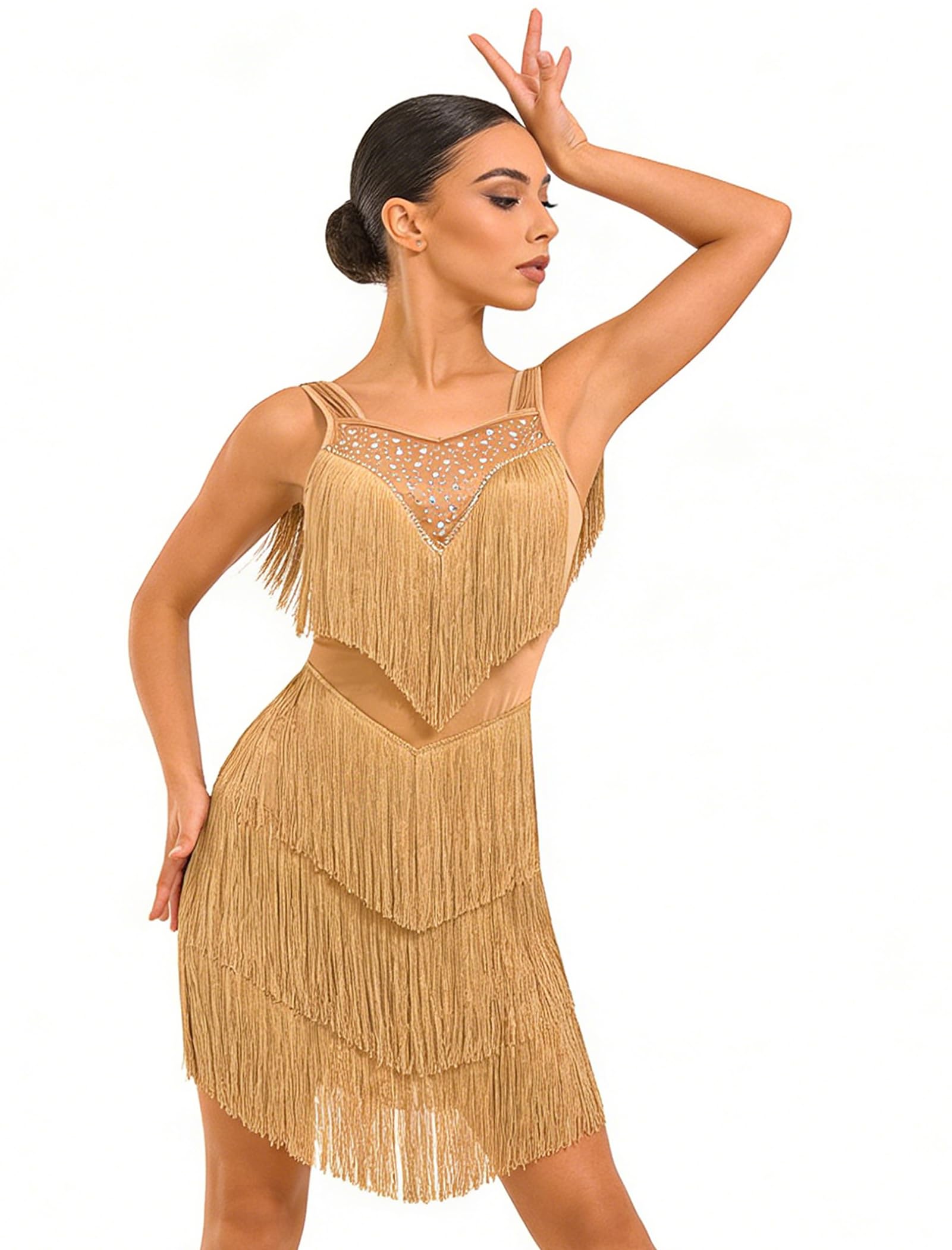 Strass, mehrlagiges Fransenkleid, Ballsaal, Latein-Tanzkleid für Damen, Quaste, Flapper, 1920er Jahre, Gatsby, Salsa, Tango, Tanzoutfit