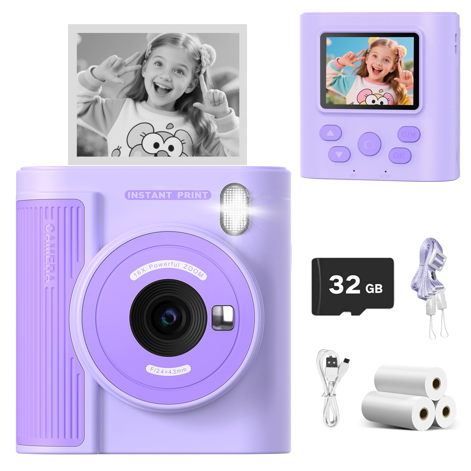 Mgaolo Kids Camera with Instant Print, Thermal Printing Digital Camera Gift for 3-12 Years Old Children, Safe Ink-Free Design, Toy for Creativity & Learning (Purple)