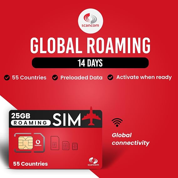 Vodafone Global Data SIM - 25GB Europe & USA Roaming + Unlimited UK Data - Preloaded for 14 Days - 1 Working Day Activation - For Phones & WiFi Routers