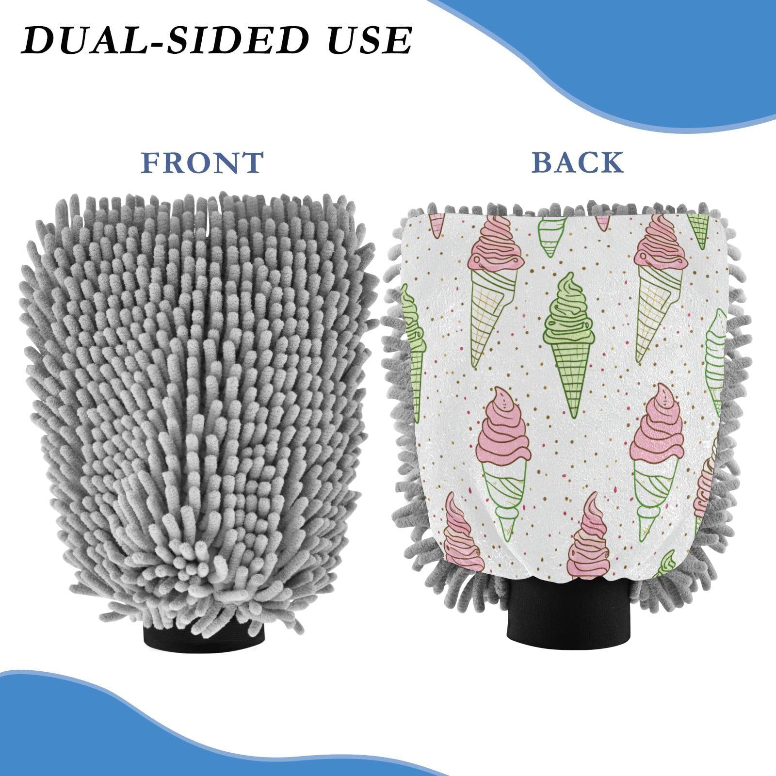 ALAZA Icecream Polka Dots Car Wash Mitt Scratch Free, 2 Pack Absorbent Microfiber/Chenille Washing & Drying Mitts, M