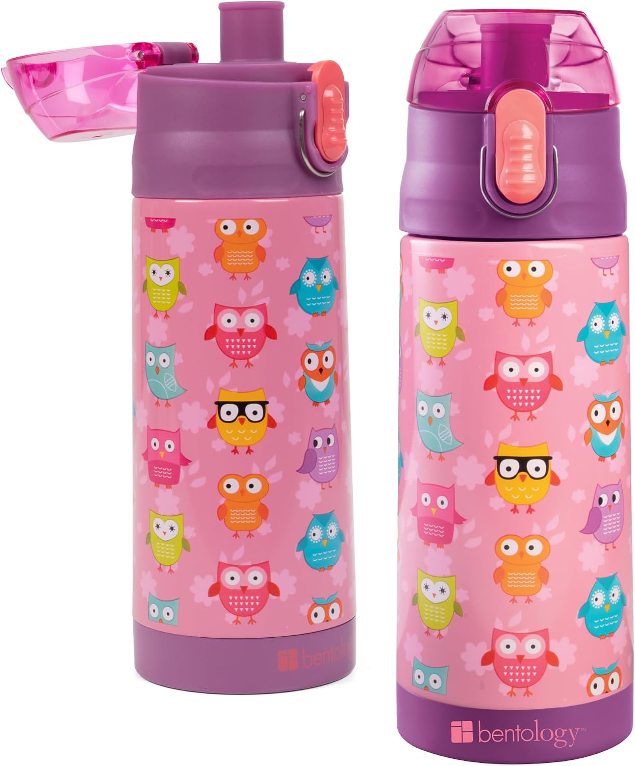 Bentology Stainless Steel 13 Oz Reusable Water Bottle for Kids, Owl