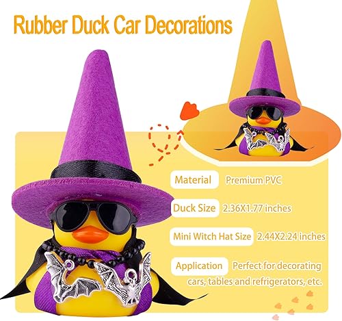 Miniatura 2 de Adornos de pato de goma para automóvil, decoraciones de tablero de automóvil con mini sombrero de bruja, capa, collar, accesorios de Halloween para
