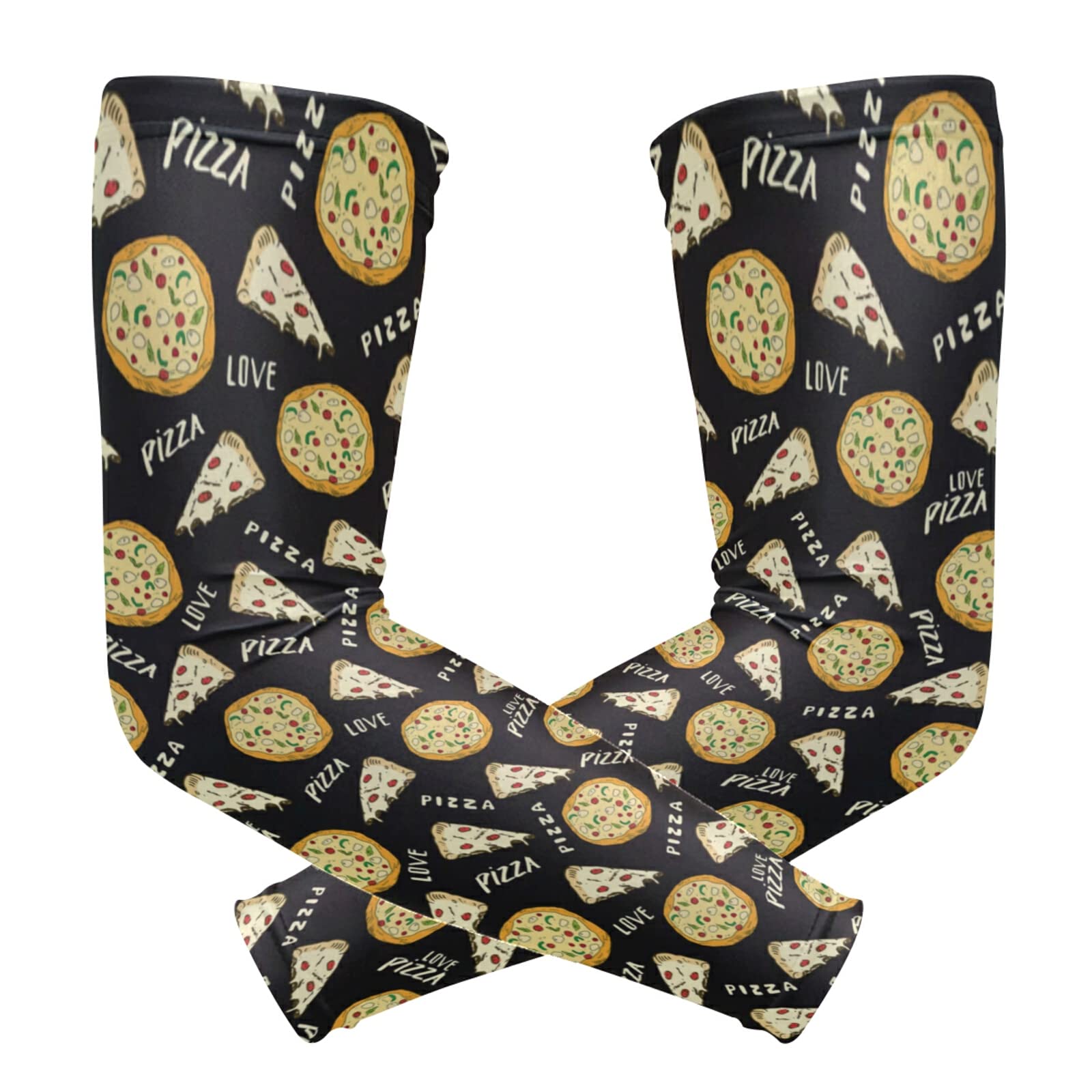 Seamless Yellow Pizza Slice Doodles and Pizza W on Black 1 Pair Cooling Sports Arm Sleeves, Cover Uv Sun Protection Warmer for Sports Men Women Running Golf Cycling Riding Jogging