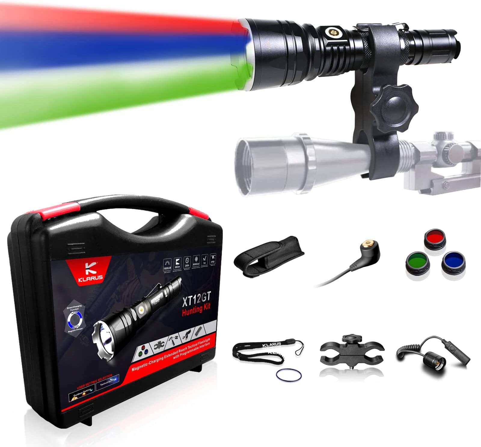 XT12GT Hunting Kit 1600 Lumens Rechargeable LED Tactical Torch Red Green White FT12 Light, Beam Reach 603m, LED Spotlight Torches with Magnetic Charging Cable,Remote Switch, Holster,Clip
