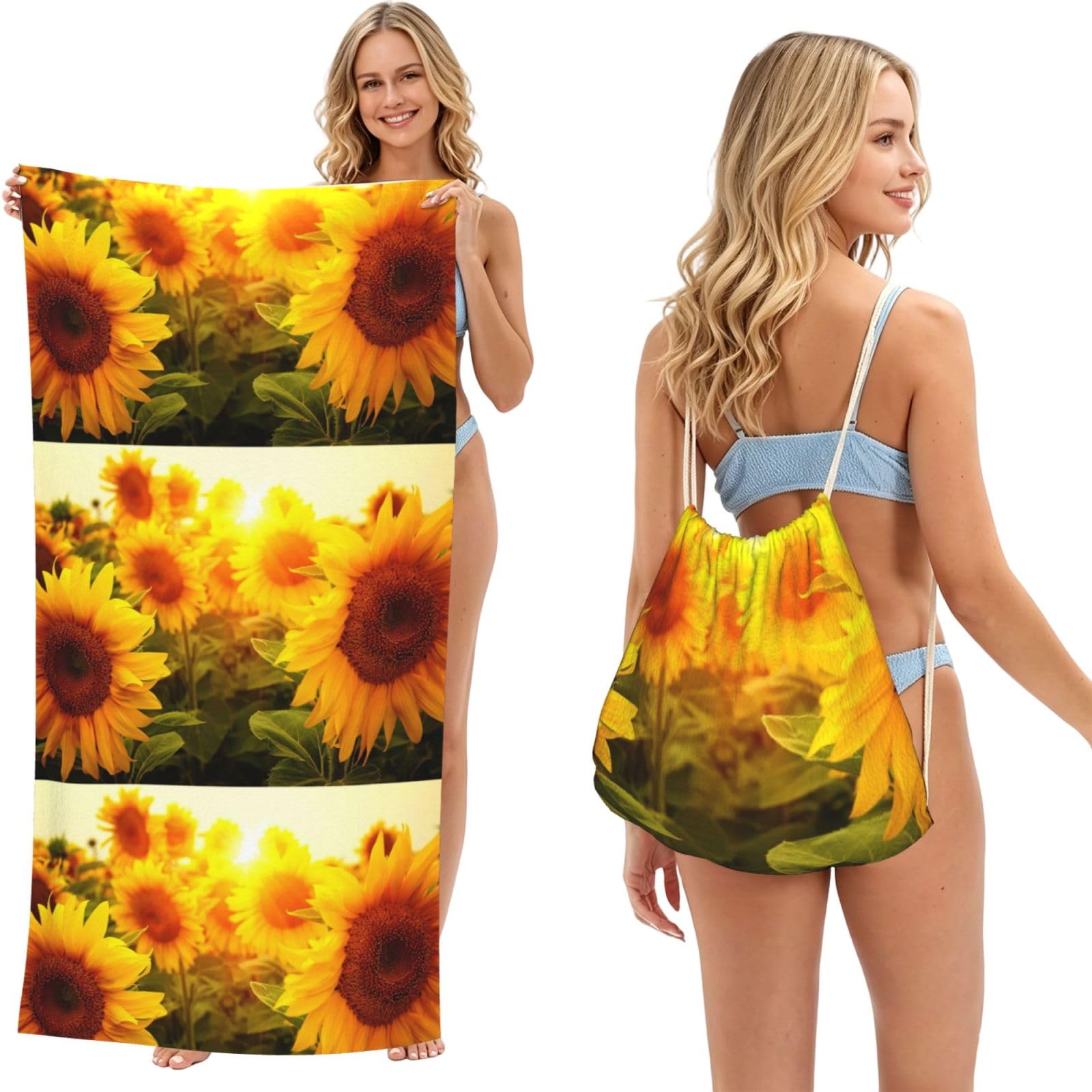 Poadnly As Picture Sunflower, 2 In 1 Packable Towel Bag, Beach Towels With Drawstring Backpack For Travel Holiday Camping