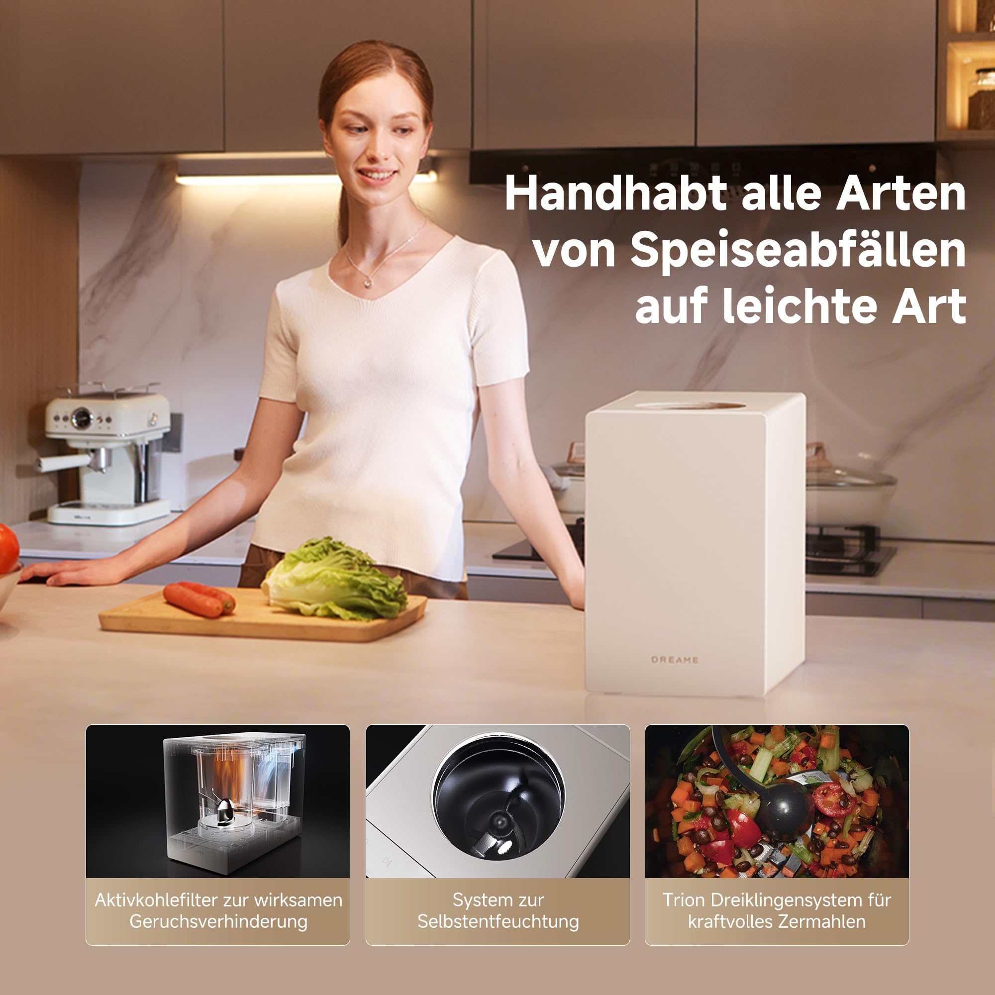 DREAME SF25 – Speise-Entsorger, Trion- Dreiklingensystem, Kohlefilter, Geruchssteuerung, 2,5 l-Volumen, Selbstreinigend bei Hochtemperatur, Kompaktdesign, leises 27 dB(A-Design, Sicherheitssperre