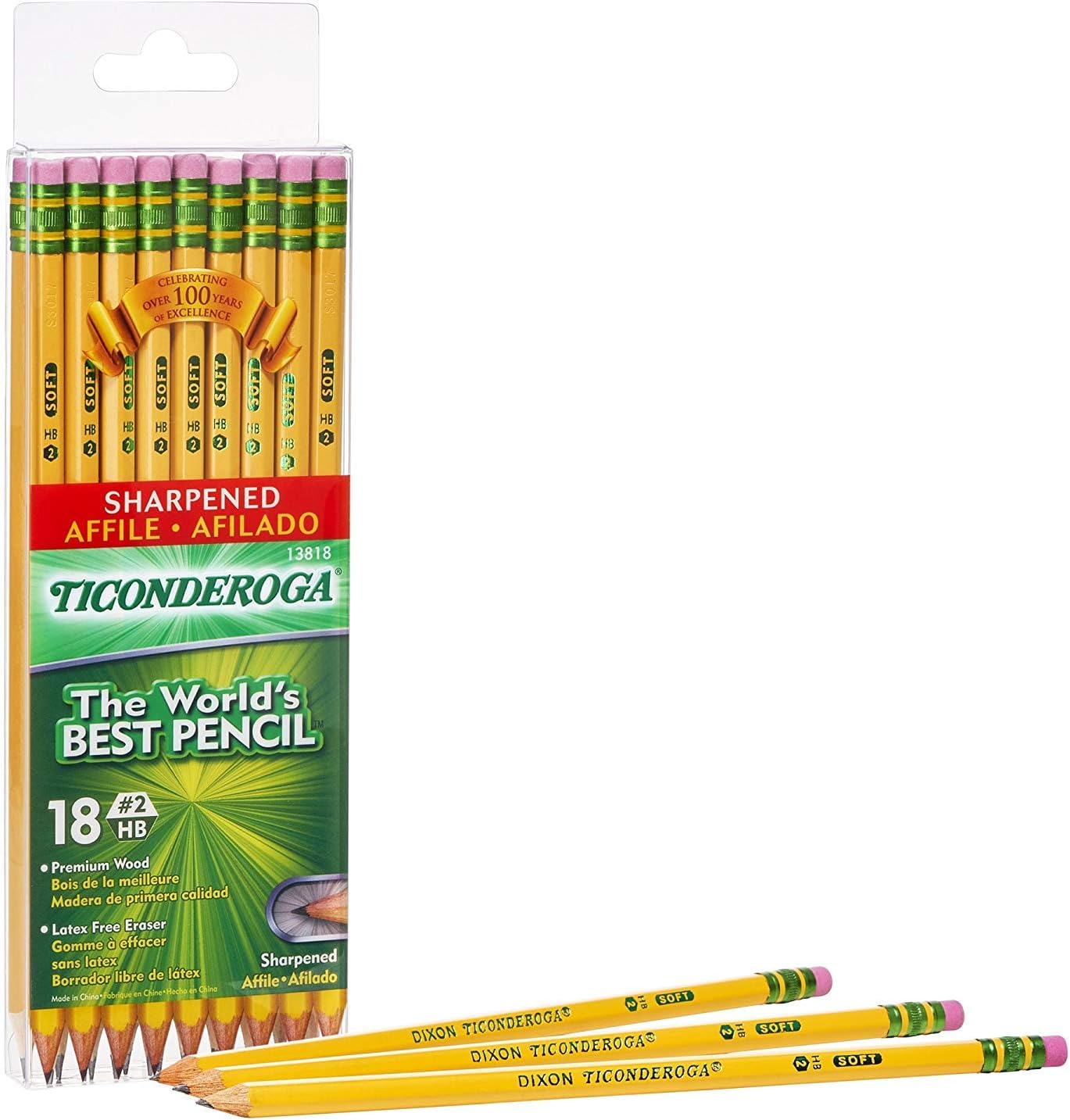 TICONDEROGA Pencils, Wood-Cased, Pre-Sharpened, Graphite #2 HB Soft, Yellow, 18-Pack (13818) : Wood Lead Pencils : Office Products