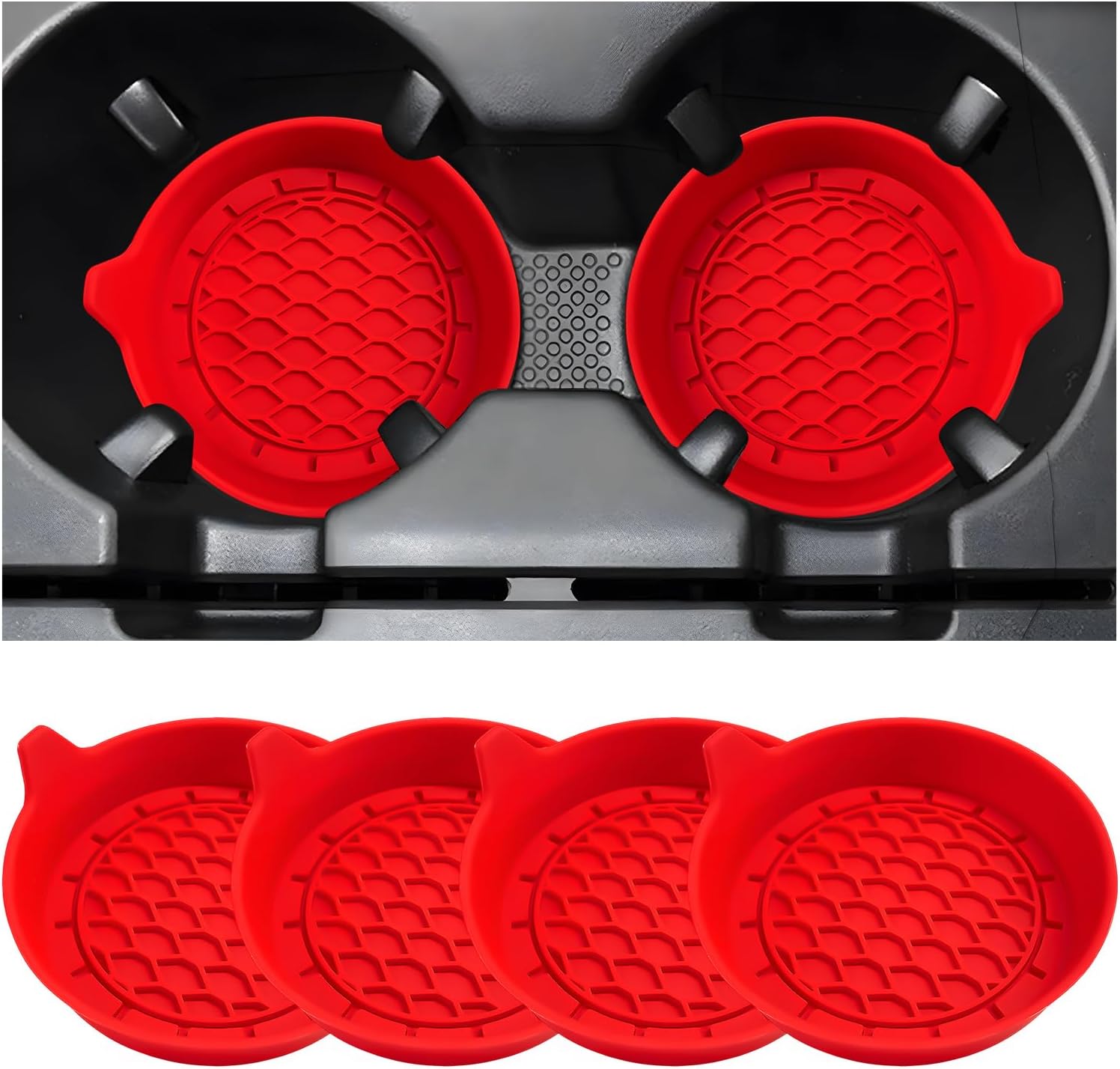 4 PCS Car Cup Holder Coaster, Non-Slip Silicone Auto Mug Mat Shockproof Insert Cup Coaster, Sift-Proof Spill Holder Water Bottle Pad Interior Car Accessories for Women Men (Red)