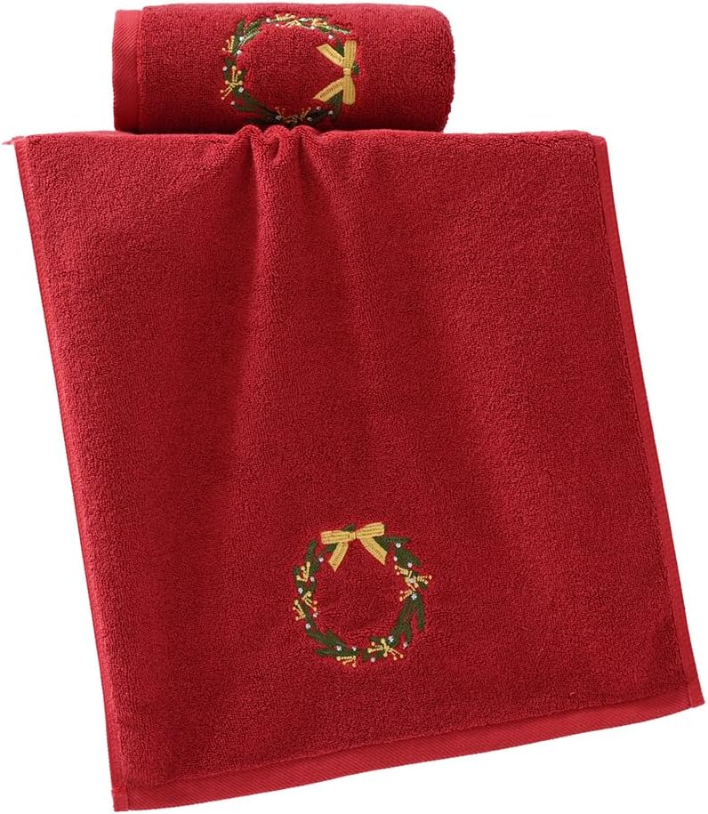 YiLUOMO Red Hand Towel Set of 2 Christmas Wreath Embroidered Highly Absorbent 100% Cotton Super Soft Decorative Hand Towels for Bathroom Home Hotel Spa 13 x 29 Inch - Image 8