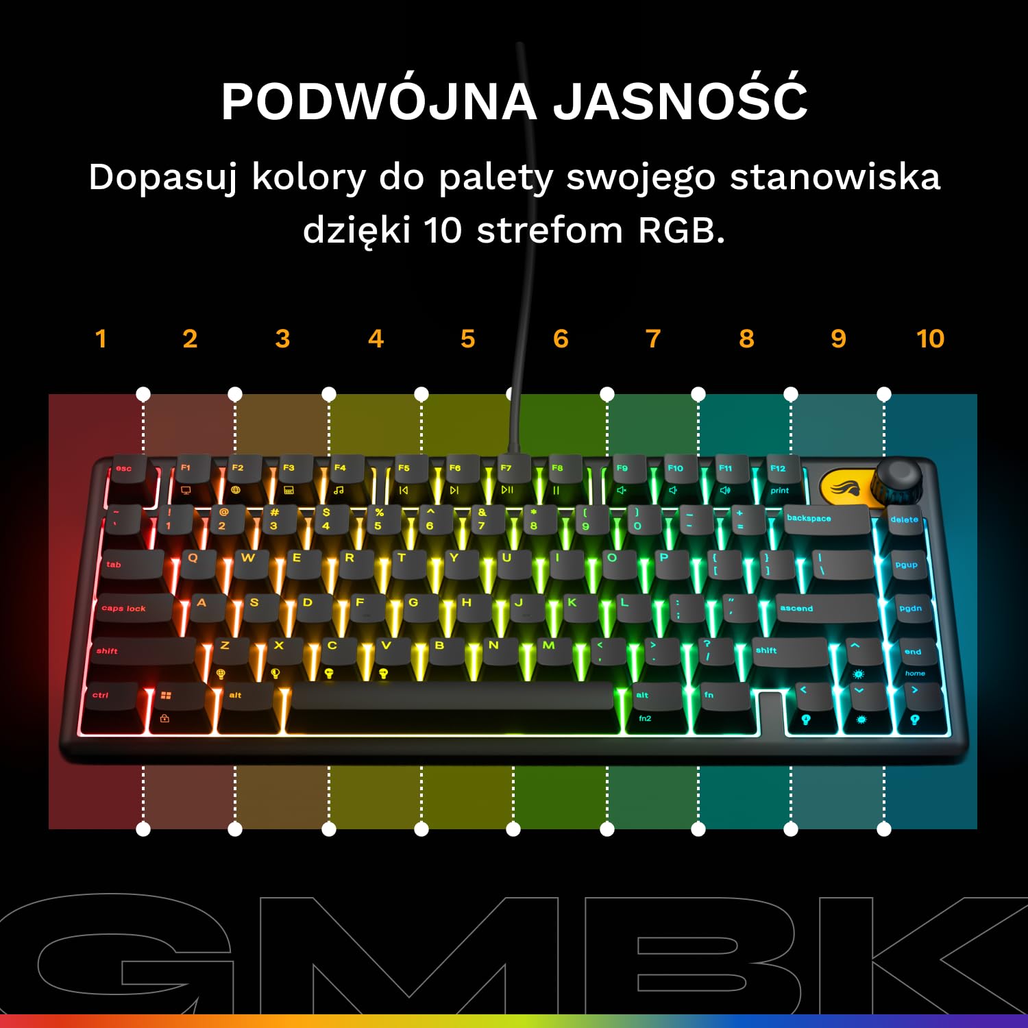 Klawiatura Glorious Gaming GMBK 75% (układ ISO UK) – Wymienne nakładki MX, odłączany USB, IP57 wodo/pyłoszczelna, podświetlenie RGB 10 stref, ciche przełączniki - 321x137x41mm