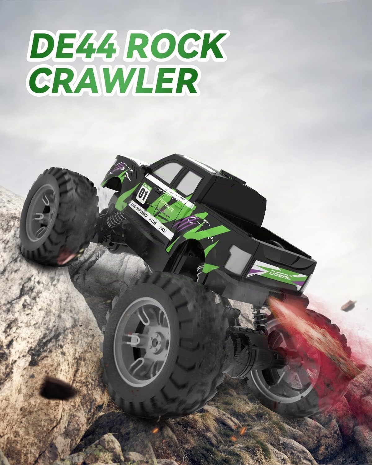 DEERC DE44 1:16 Scala telecomando Monster Truck con nebbia nebbia, Dual Motors Off Road RC auto, 4WD Rock Crawler con luci LED, 70+ Min Play, Veicolo giocattolo per ragazzi ragazze e adulti