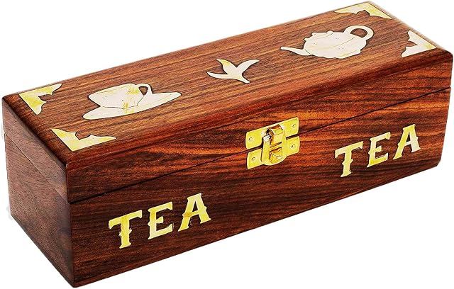 Wooden Decorative Tea Leaf Design Tea Bag Storage Chest Box for Condiment Spice Vintage Rustic Kitchen Organiser with 3 Compartments | 9 Inch