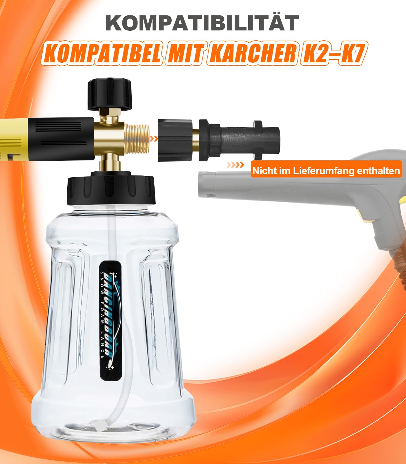 Verbesserte Schaumlanze Schaumkanone für Kärcher K-Serie K2 K3 K4 K5 K6 K7 Hochdruckreiniger, 1L Schneeschaumlanze mit Verstellbarer Schaumdüse für Autowäsche (Schwarz & Gelb)