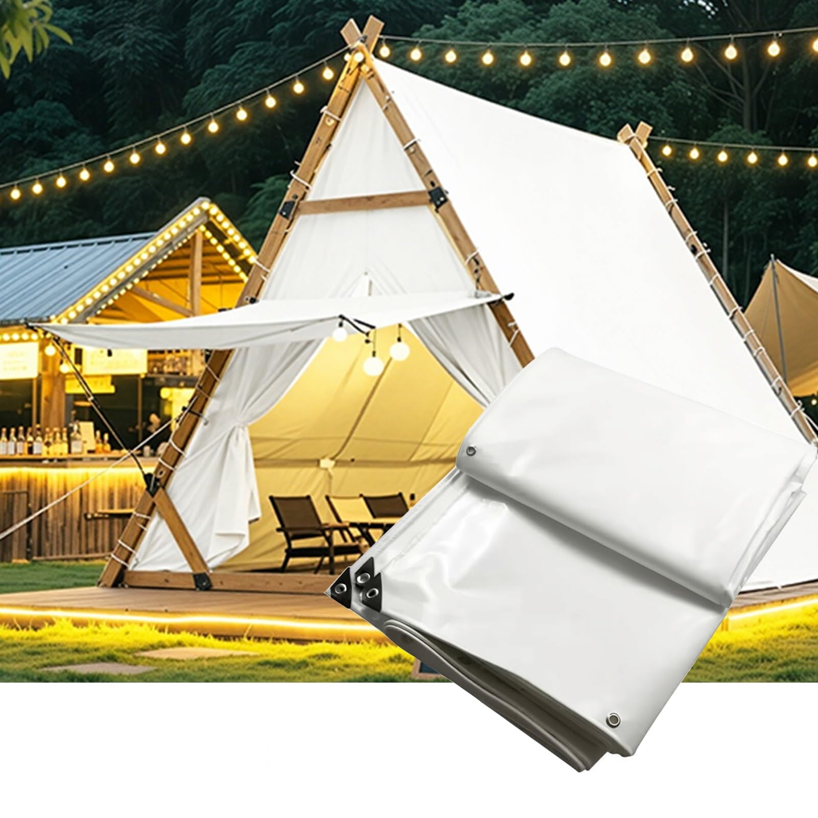 Canvas Tarp White PVC Tarpaulin Heavy Duty Tarps Cover 1.5x3m, 2x4m Waterproof Sheeting with Reinforced Grommets 500g/㎡ Protective Rainproof Canopy Tent(5x8m(16.4ftx26.2ft))