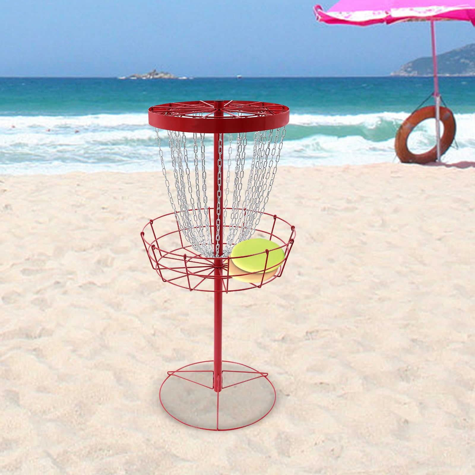 Disc Golf - Cesta de golf independiente con 24 cadenas, disco portátil, objetivo para ejercicio al aire libre, 64,5 cm de diámetro, con 4 clavos de suelo, adecuado para principiantes y