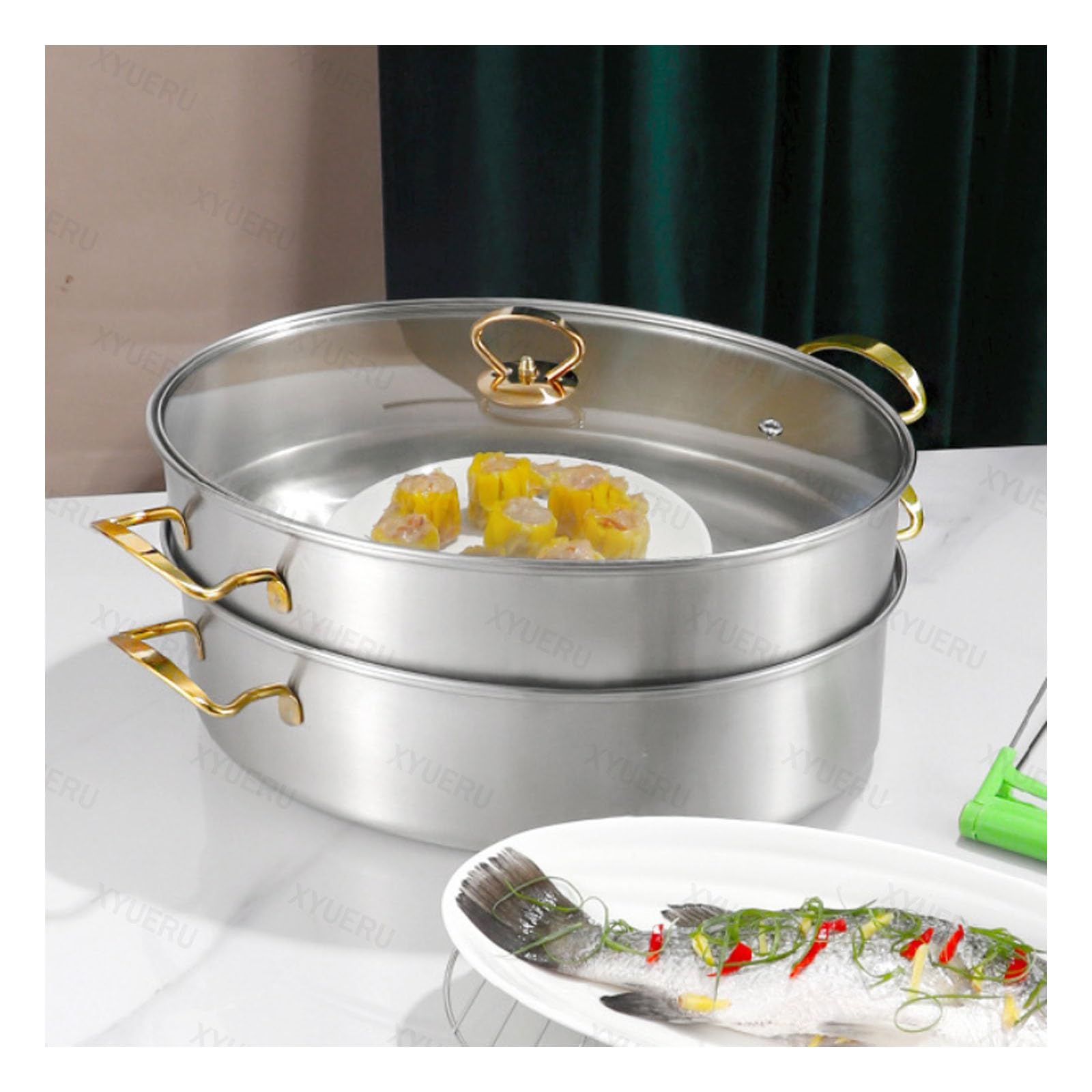 Pentola per pesce a vapore, in acciaio inox, a 2 livelli, design ovale per cuocere a vapore frutti di mare, include una teglia per gamberetti e granchi