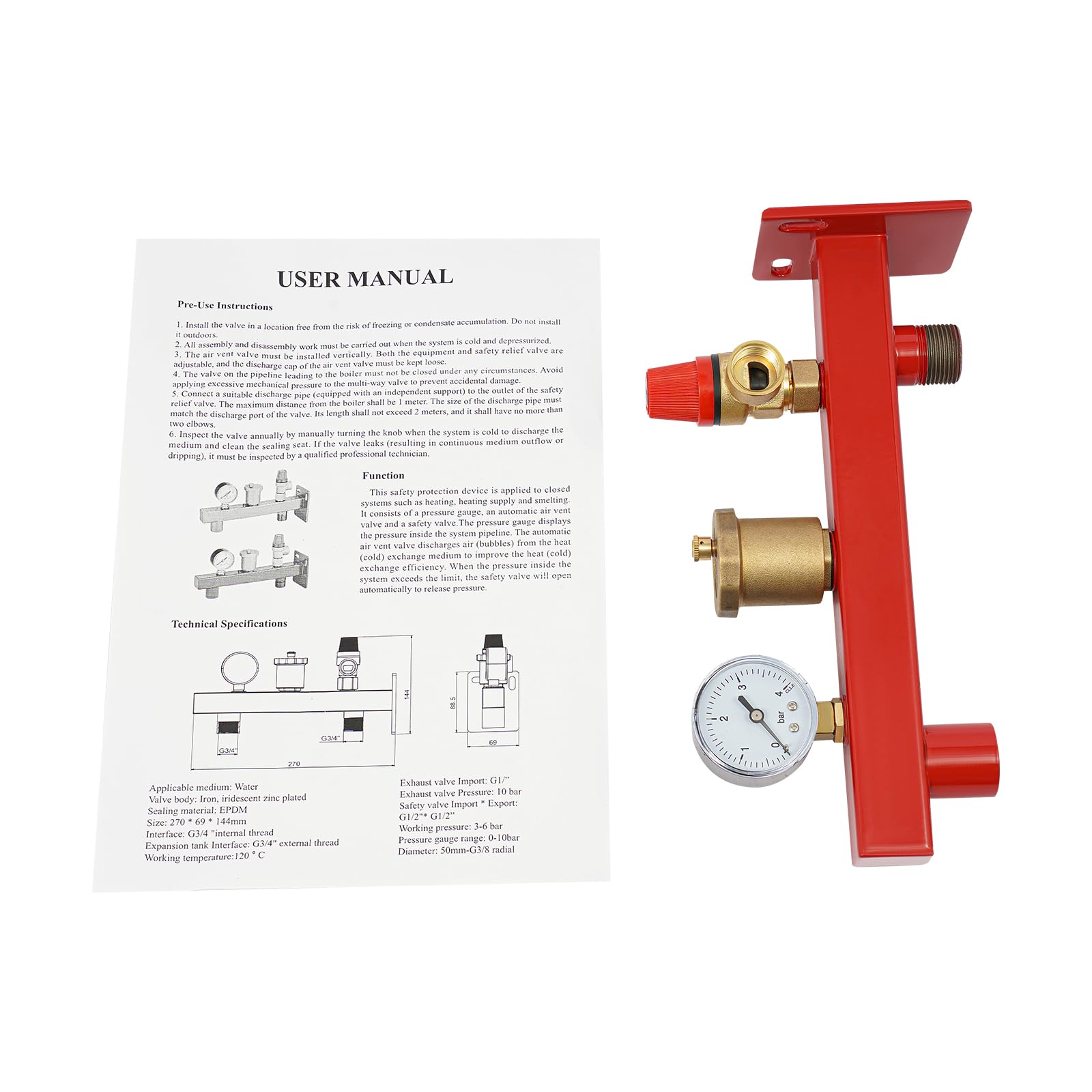 Gruppo di sicurezza per caldaia 27 x 14,4 cm, gruppo di collegamento con manometro, valvola di sfiato automatica, valvola di sicurezza, ferro zincato, per meccanismi chiusi come riscaldamento