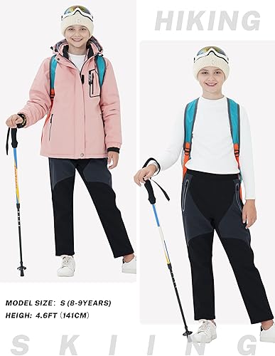 Miniatura 6 de MoFiz Pantalones de esquí de nieve impermeables para niños, pantalones de snowboard de forro polar cálido para niñas, cintura elástica, pantalones