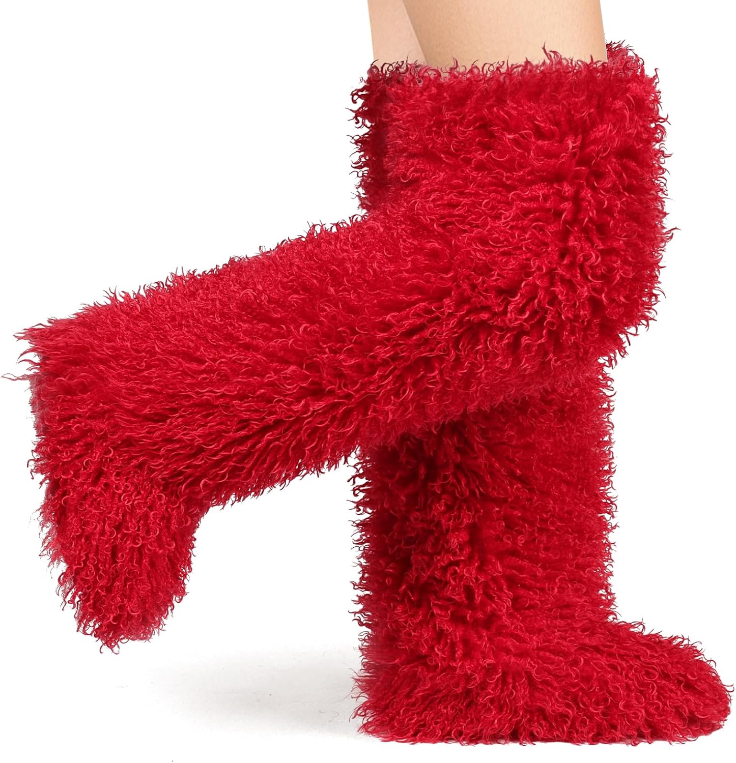 IXU Thigh High Fur Boots,Over the Knee Furry Boots for Women,Fuzzy Fluffy Tall Long Faux Boot Snow Winter Round Toe