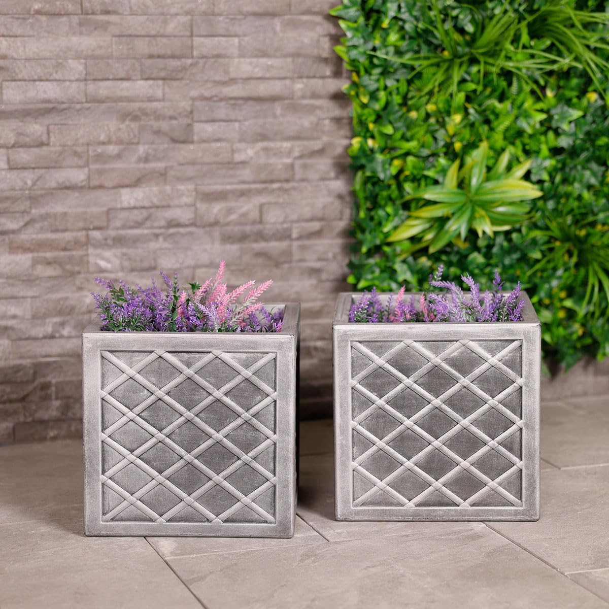 Charles Bentley Pair Of Lazio, Square, Pewter Planters, Grey, Plastic, Plant Pot, Outdoor, Garden, Patio, Porch, Decking, Set Of 2, Lightweight,