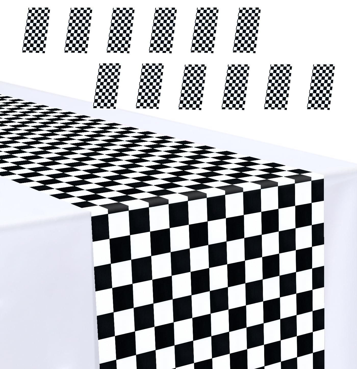 MUNILAIL 12 Pcs Black and White Checkered Table Runner 14 x 108 Plastic Table Runner for Race Car Theme Party Birthday Baby Shower Disposable Table