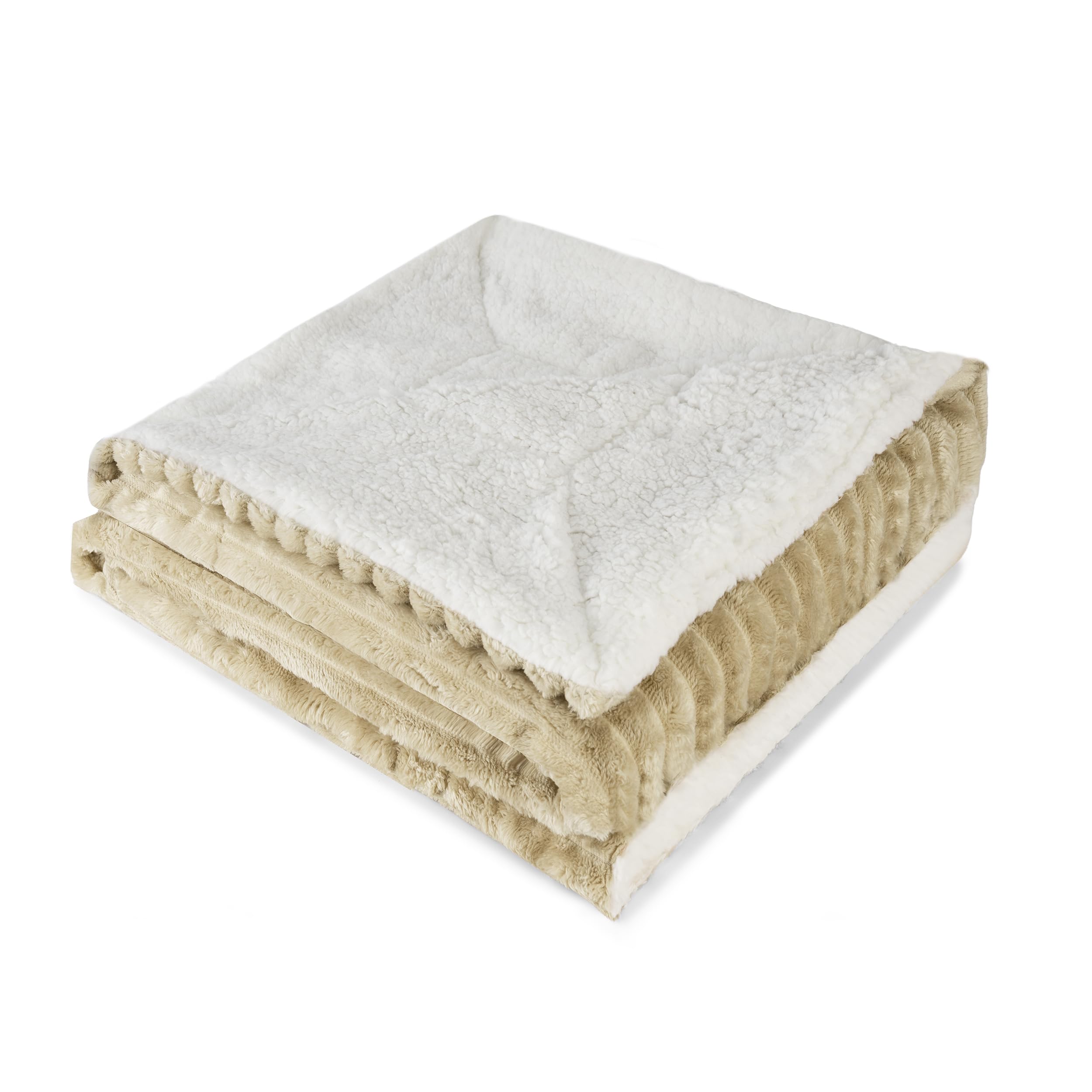 BESCH Manta Borreguito Reversible 130 x 160 cm Suave y Cálida Diseño con Textura a Rayas - Manta Sherpa Franela Gruesa Caliente, Transpirable para Invierno - Beige