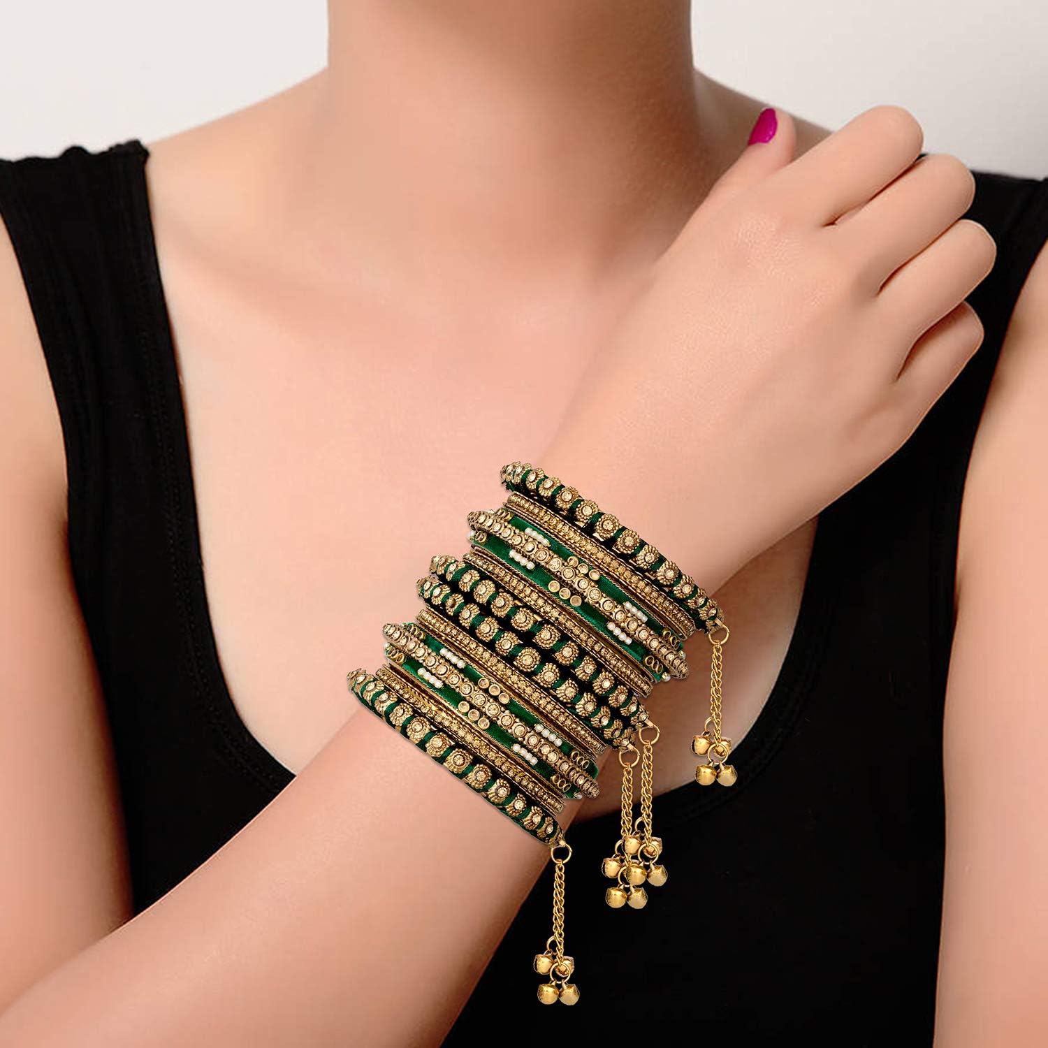 Aheli Wedding Party Designer Faux Stone Studded Bridal Bangle Set Chuda with Hangings Indian Traditional Bangles Ethnic Fashion Jewelry Gift for Women Blue - Image 5