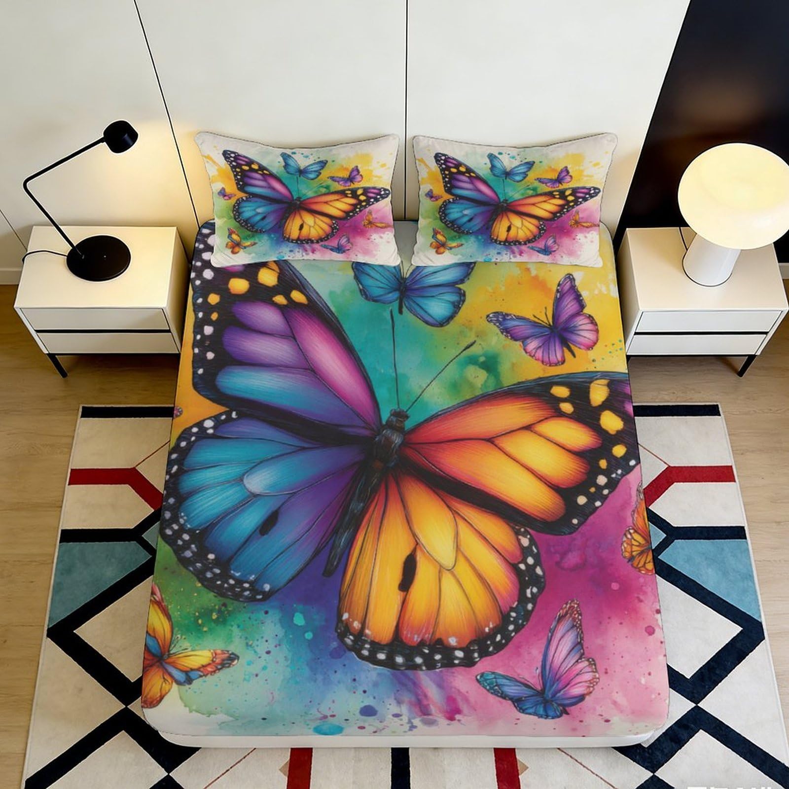3D Printed vivid butterfly fitted sheet, microfiber soft touch, wrinkle resistant, protects mattress, apartment bedding, home decor 90x200x25cm
