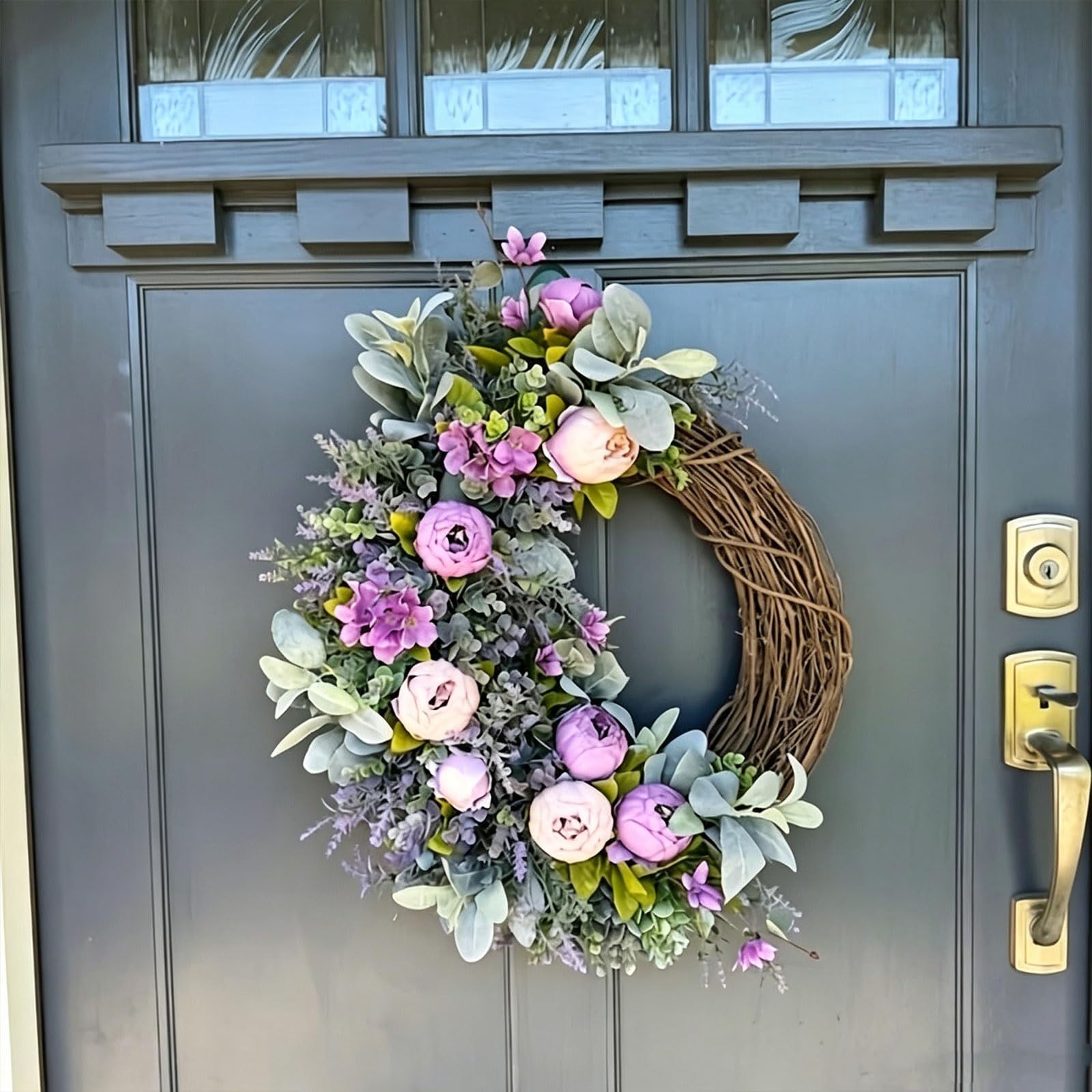 Künstlicher Türkranz mit lila Pfingstrosen, Hortensien und Lavendel, 40/45/50cm Haustürkranz Stil Frühlings Sommer Kranz für Haustür Wand Bauernhaus Innen Außen (50 cm)