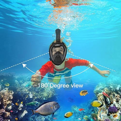 Miniatura 5 de Oumers Máscara de esnórquel de cara completa para niños, juego de máscara de esnórquel con vista panorámica de 180 grados con sistema de respiración