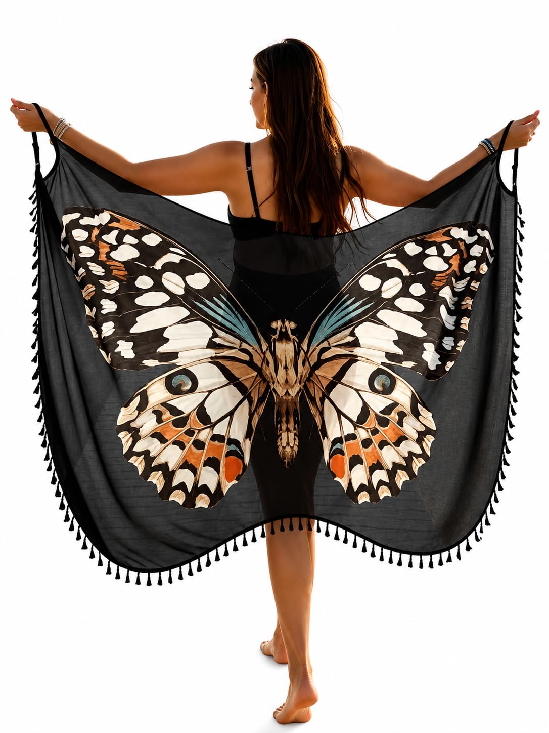 tulsi enterprise Women's Butterfly Print Beach Wear Sarong - Lightweight Georgette Pareo Bikini Cover-Up with Elegant Tassels-picture-22
