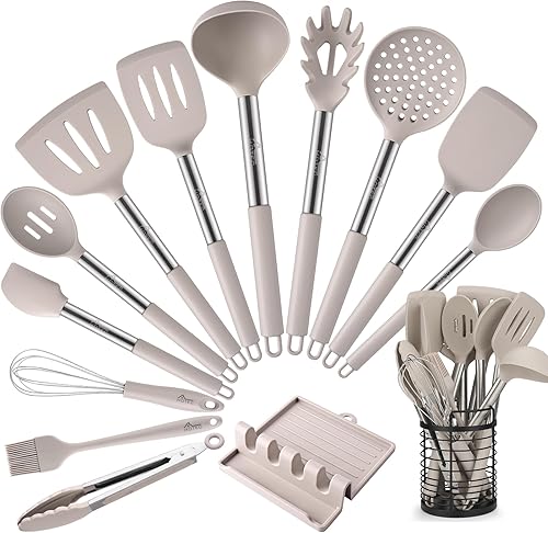 HOTEC Utensilios de cocina de silicona resistentes al calor, juego de utensilios de cocina, juego de espátula, sin BPA, utensilios de cocina, con