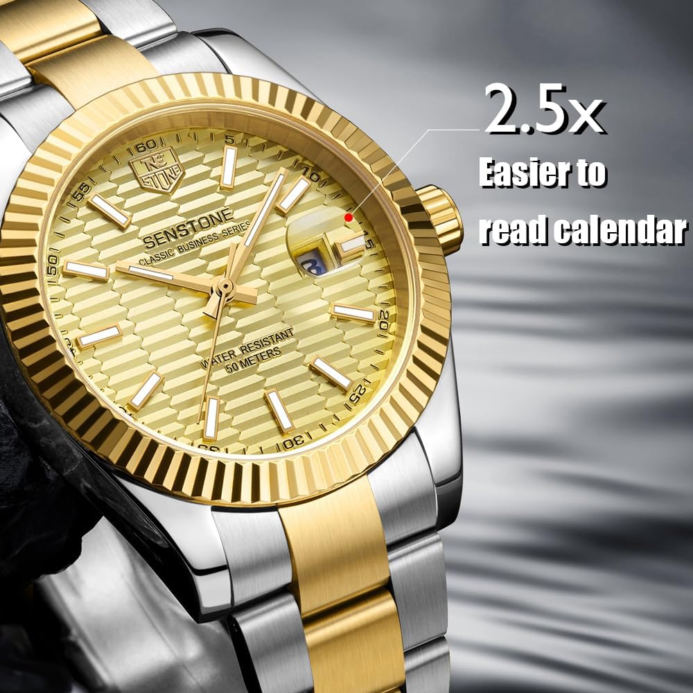 senstone Watches for Men, Luxury Classic Business Dress Quartz Watch Stainless Steel Strap Analog Waterproof with Luminous Large Dial Calendar