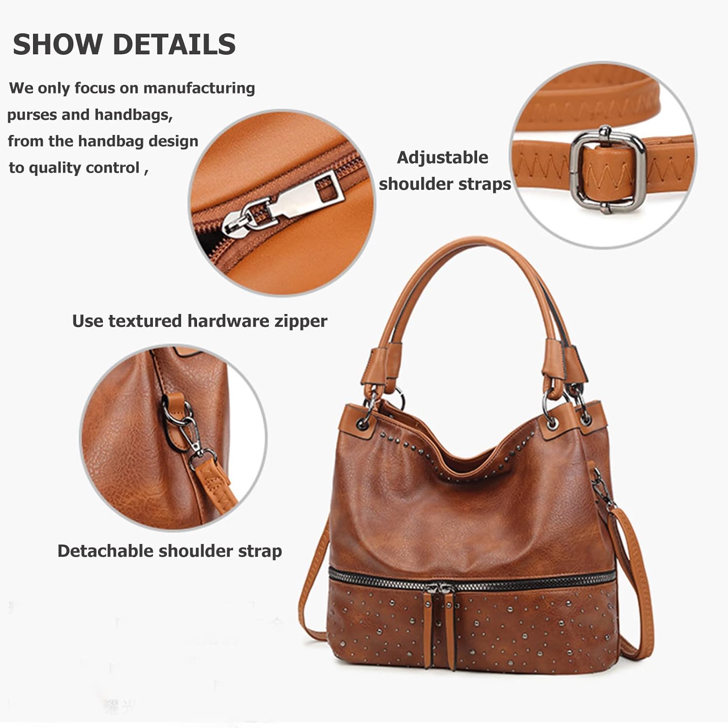 myfriday Vintage Hobo Shoulder Bag for Women Soft Leather Bucket Tote Bag Fashionable Structured Purse with Rivet Detail
