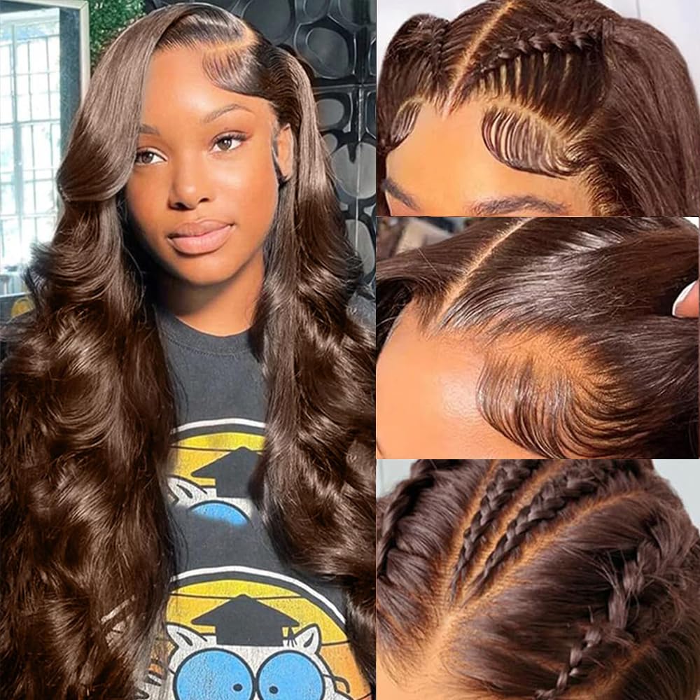 Muokass 24 Inch Chocolate Brown Lace Front Wigs Human Hair Body Wave 250% Density 13x6 HD Full Lace Front Wigs Human Hair Pre Plucked Glueless Frontal Wig Colored #4 Human Hair Wigs